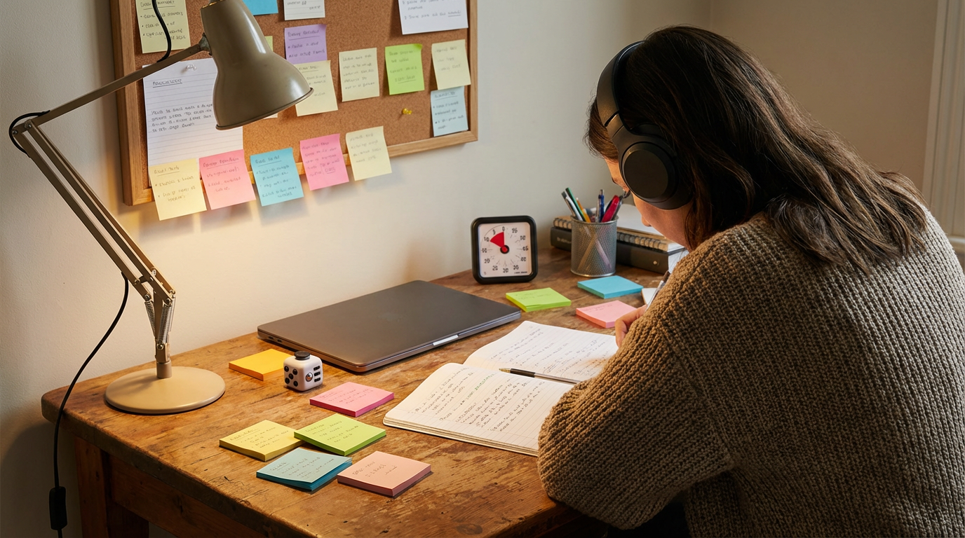 Student die concentreert op studie in een rustige Nederlandse bibliotheek
